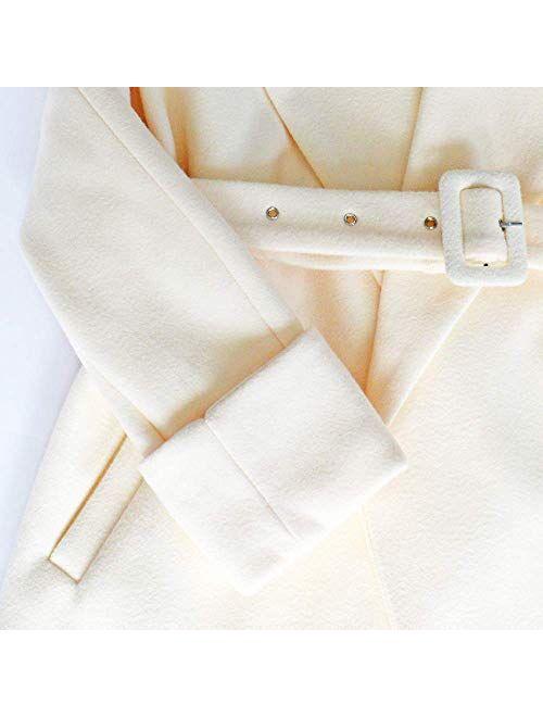 SAUKOLE Women's Winter Wool Trench Coat Wrap Large Collar High Low Jacket Outwear with Belt