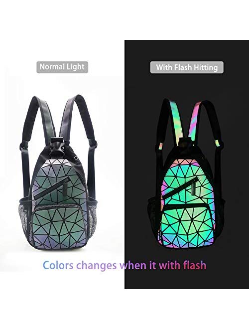 PYFK Geometric Backpack Luminous Holographic Color Changes Flash Reflective Crossbody Bag Fashion Shoulder Bag for Women Men
