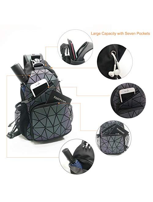 PYFK Geometric Backpack Luminous Holographic Color Changes Flash Reflective Crossbody Bag Fashion Shoulder Bag for Women Men