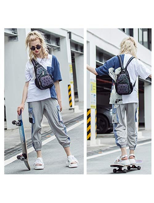 PYFK Geometric Backpack Luminous Holographic Color Changes Flash Reflective Crossbody Bag Fashion Shoulder Bag for Women Men