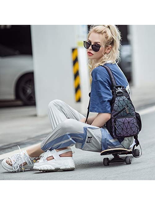 PYFK Geometric Backpack Luminous Holographic Color Changes Flash Reflective Crossbody Bag Fashion Shoulder Bag for Women Men