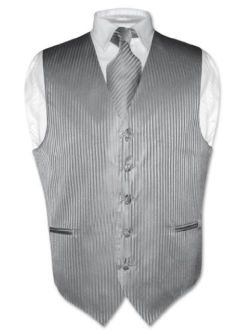 Men's Dress Vest & Necktie Silver Grey Vertical Striped Design Gray Neck Tie Set
