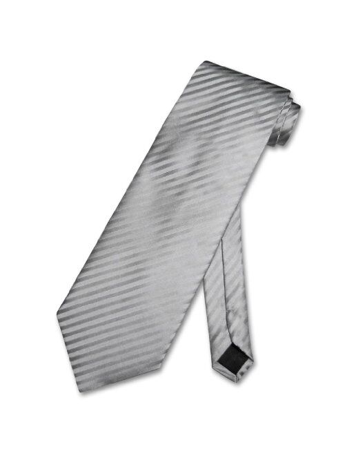 Vesuvio Napoli Men's Dress Vest & Necktie Silver Grey Vertical Striped Design Gray Neck Tie Set