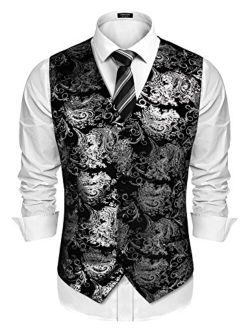 Mens Classic Suit Vest Paisley Floral Tuxedo Dress Waistcoat Vests Silver Grey