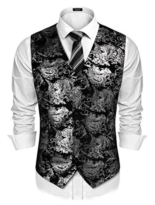 COOFANDY Mens Classic Suit Vest Paisley Floral Tuxedo Dress Waistcoat Vests Silver Grey