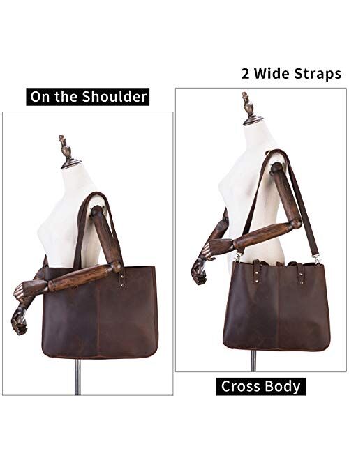 Large Genuine Leather Tote Bag for Women Brown Shoulder Work Purse Bag Crazy Horse Leather Tote Handbag with Back Pocket