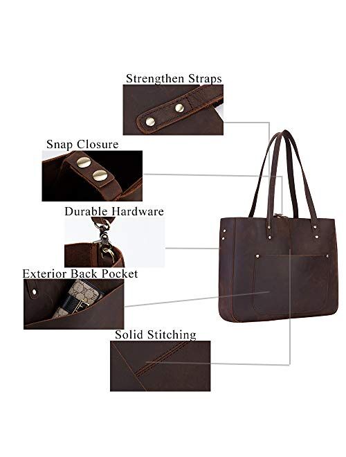 Large Genuine Leather Tote Bag for Women Brown Shoulder Work Purse Bag Crazy Horse Leather Tote Handbag with Back Pocket