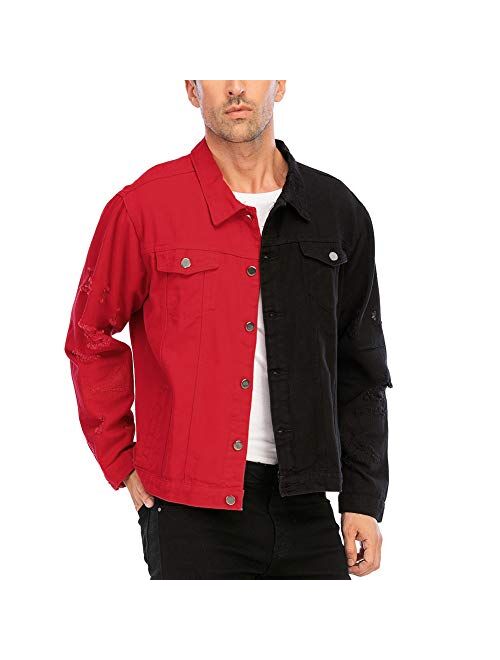 LZLER Jean Jacket for Men,Separable Left&Right Ripped Slim Fit Mens Denim Jacket