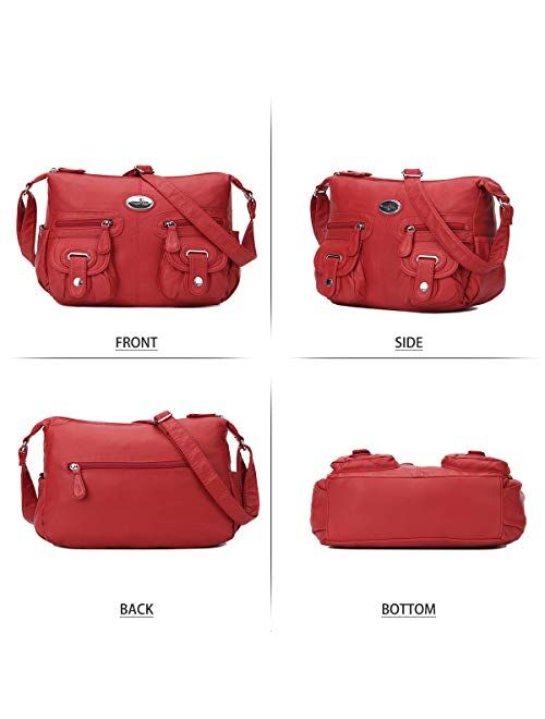 Multi Pocket Crossbody Bag for Women, Ultra Soft Washed Vegan Leather Shoulder Purse