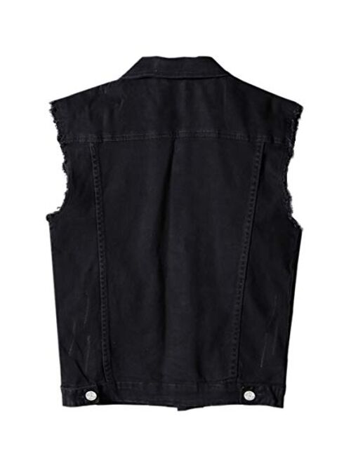 RongYue Men's Casual Button-Down Denim Vest Sleeveless Jacket with Broken Holes