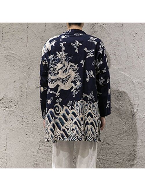 HZCX FASHION Men's Cotton Blends Linen Printed Open Front Long Sleeve Cardigan