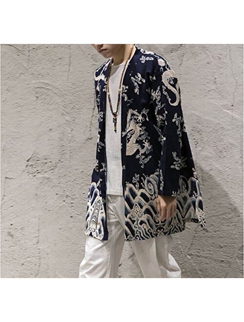 HZCX FASHION Men's Cotton Blends Linen Printed Open Front Long Sleeve Cardigan