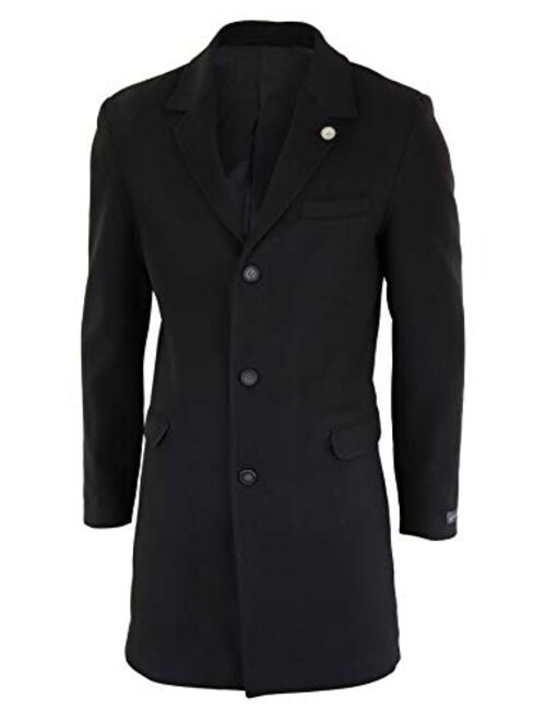 TruClothing.com Mens 3/4 Long Crombie Overcoat Jacket Wool Feel Coat Peaky Blinders Slim Fit