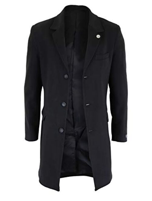 TruClothing.com Mens 3/4 Long Crombie Overcoat Jacket Wool Feel Coat Peaky Blinders Slim Fit