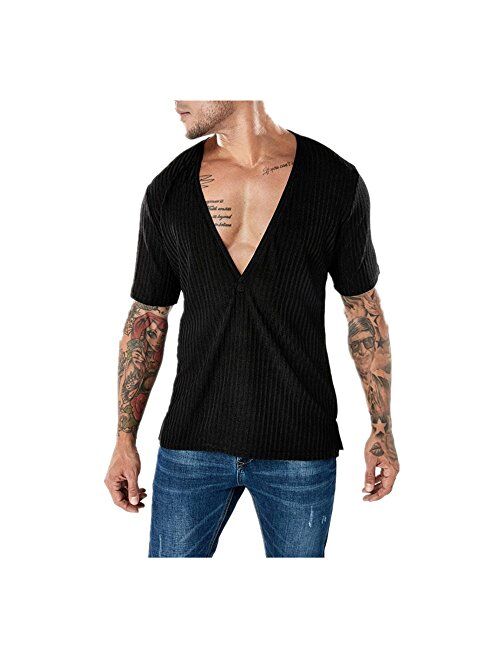 Allywit Men's Slim Fit Deep V Neck Short Sleeve T-Shirt Basic Shirt Button