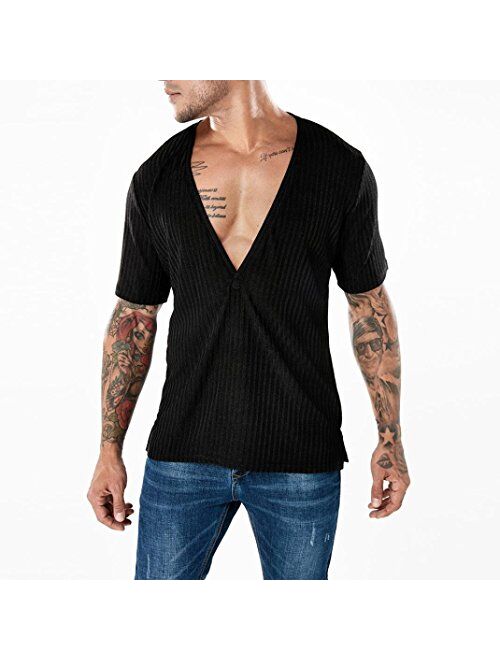 Allywit Men's Slim Fit Deep V Neck Short Sleeve T-Shirt Basic Shirt Button