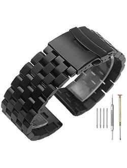 High Grade 5 Rows Engineer Metal Watch Band Solid Brushed Stainless Steel Watch Bracelet Straps Black&Silver Replacement Watch Band with Screws 20mm/22mm/24mm Double Lock