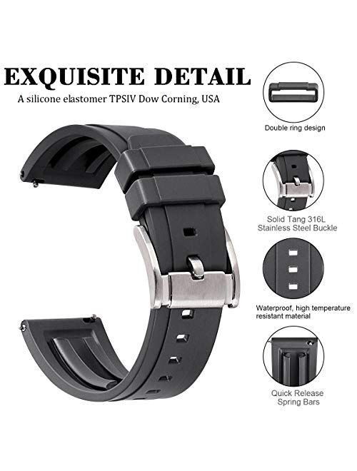 HUAFIY Premium Quality Waterproof Silicone Watch Bands - Choose Color & Width 20mm, 22mm,24mm Rubber Straps.Quick Release Rubber Watch Bands for Men