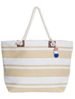 XL Nautical Striped Straw Beach Bags Tote with Zipper Closure and Rope Handle