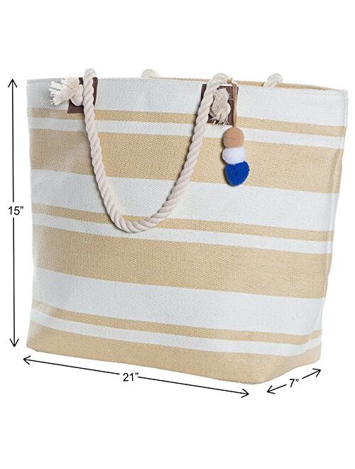 XL Nautical Striped Straw Beach Bags Tote with Zipper Closure and Rope Handle