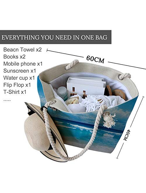 Sleepwish Extra Large Womens Canvas Beach Tote Bag with Top Zipper Closure and Waterproof