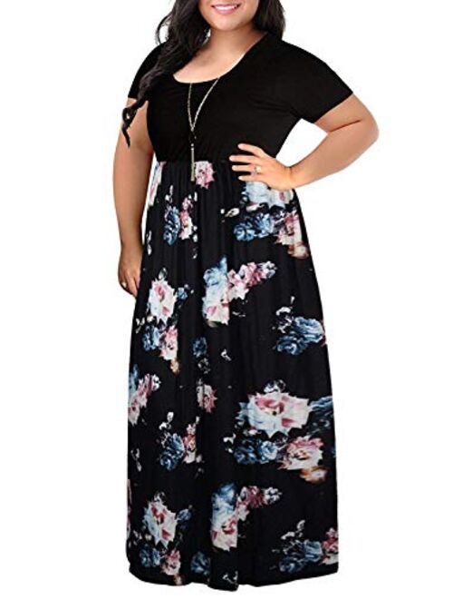 VISLILY Womens Floral Print Short Sleeve Plus Size Casual Maxi Dress with Pockets