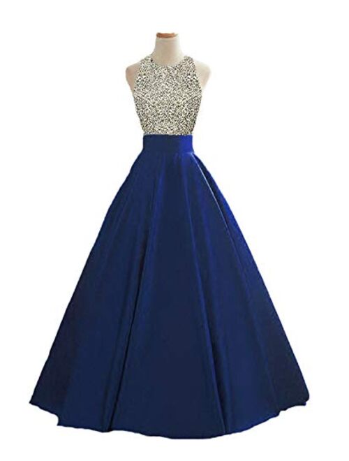 Still Waiting Women's Sparkly Crystal Beaded Prom Dresses A Line Satin Evening Formal Party Wedding Gowns C121