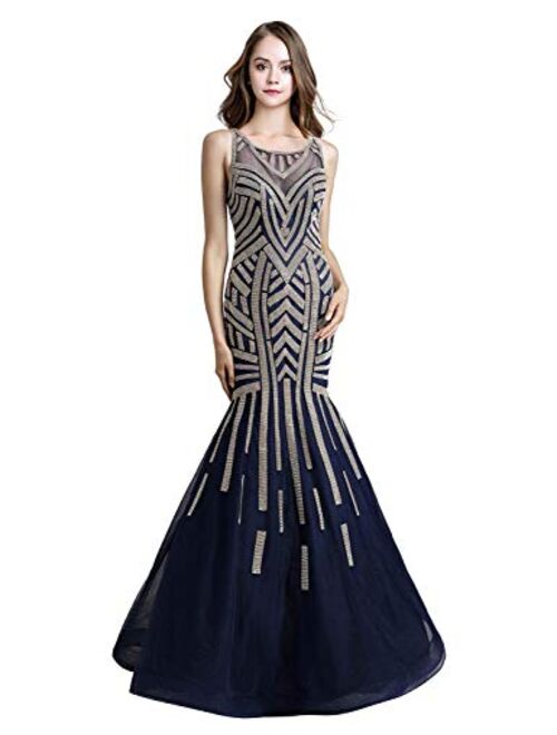 Clearbridal Women's Luxury Long Beading Mermaid Prom Dress Cap Sleeves Bridal Evening Gowns