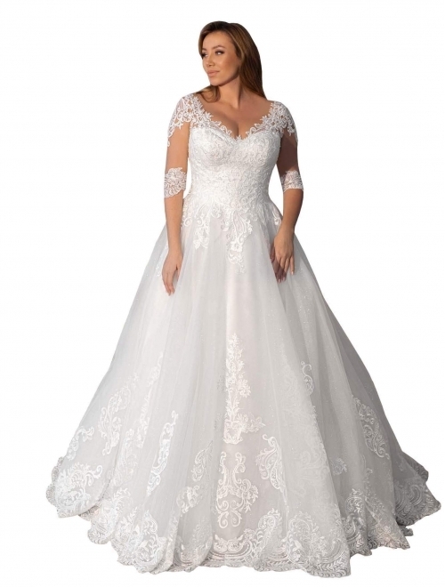 Women's Plus Size Bridal Ball Gown Vintage Lace Wedding Dresses for Bride with 3/4 Sleeves