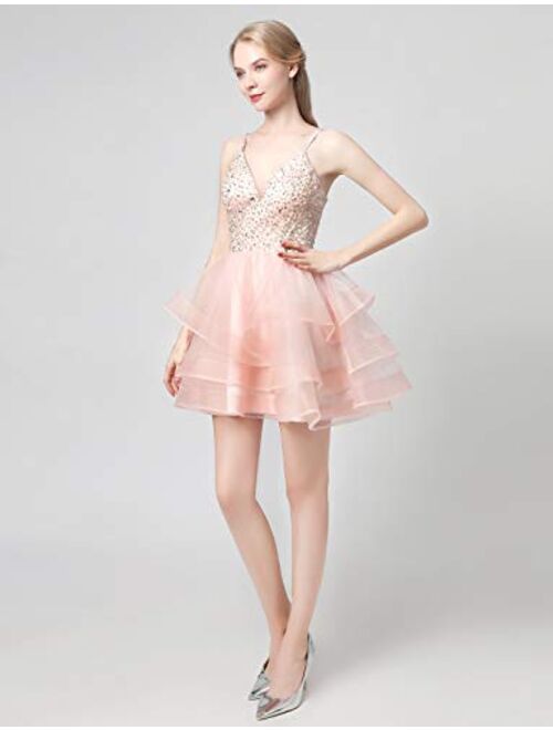 gsunmmw Women's Strap Tulle Dress Cascading Short Prom Ruffle Homecoming Dress Open Back Gs072