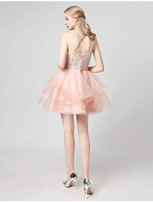 gsunmmw Women's Strap Tulle Dress Cascading Short Prom Ruffle Homecoming Dress Open Back Gs072