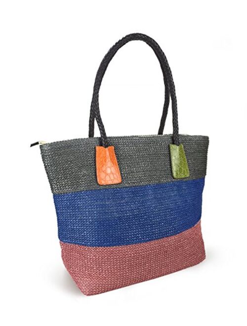 Hoxis Color Block Crocodile Pattern Stripes Woven Synthetic Straw Tote Womens Shoulder Handbag #Lovewin