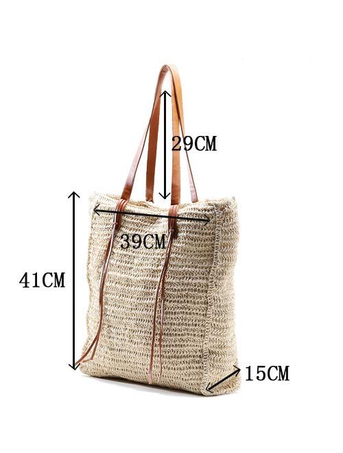 Beach Bag By Miss Fong,Beach Bags for Women,Straw Bag, Beach Tote Bag, Straw Beach Bag with Inner Zipper Pocket and Leather Handle