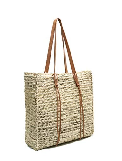 Beach Bag By Miss Fong,Beach Bags for Women,Straw Bag, Beach Tote Bag, Straw Beach Bag with Inner Zipper Pocket and Leather Handle
