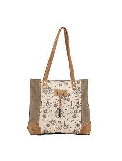 Myra Bag Unique Key Upcycled Canvas & Cowhide Tote Bag S-1522, Brown,