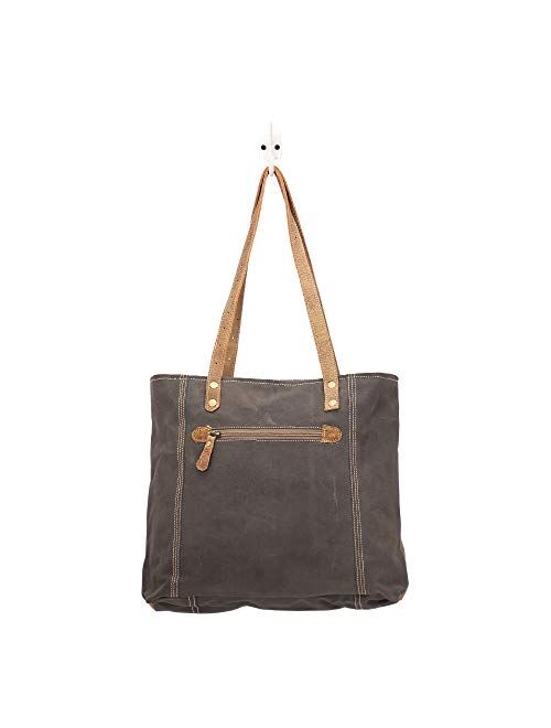 Myra Bag Unique Key Upcycled Canvas & Cowhide Tote Bag S-1522, Brown,