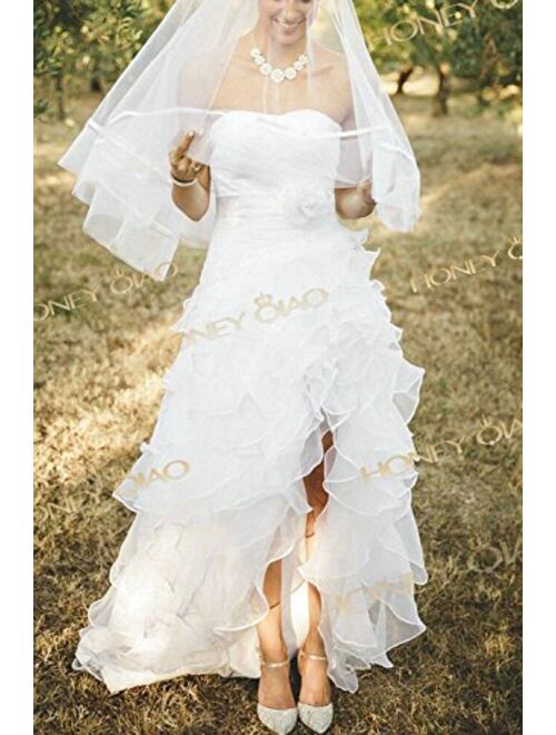 honey qiao Wedding Dresses Prom Gowns Hi Lo Organza Ruffles Beach Party