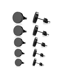UHIBROS 316L Surgical Stainless Steel Stud Earrings Unisex Tunnel Punk Style Round Mens Womens Hypoallergenic Piercing Ear Stud 5 Pairs 4mm-8mm (Black)