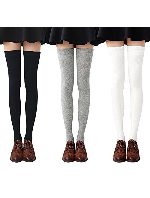 Chalier 3-4 Pairs Womens Thigh High Socks Cotton Striped Over the Knee Socks Long Knee High Socks for Women