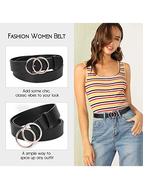 2 Pack Women Leather Belts Faux Leather Jeans Belt with Double O-Ring Buckle Size up to 53 inch