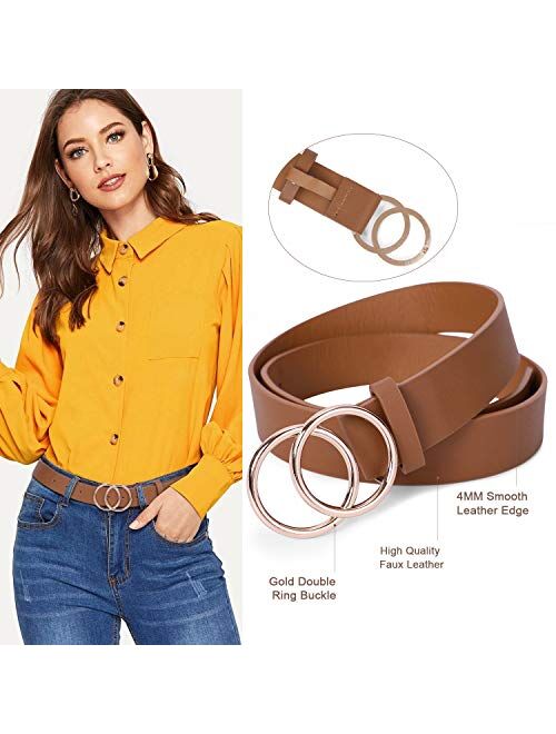 2 Pack Women Leather Belts Faux Leather Jeans Belt with Double O-Ring Buckle Size up to 53 inch