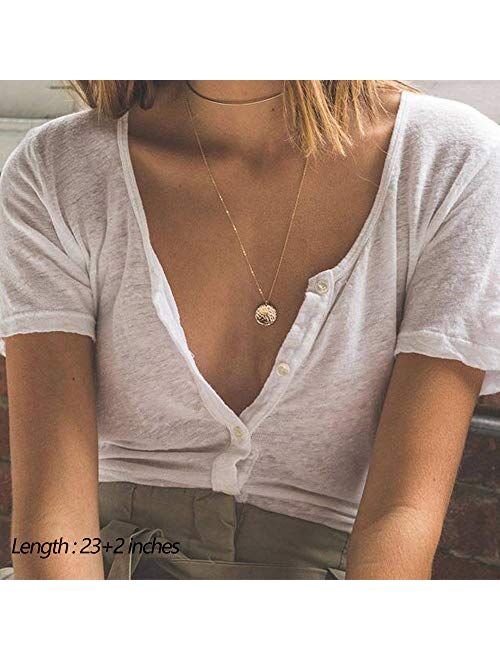 Turandoss Dainty Layered Choker Necklace, Handmade 14K Gold Plated Y Pendant Necklace Multilayer Bar Disc Necklace Adjustable Layering Choker Necklaces for Women