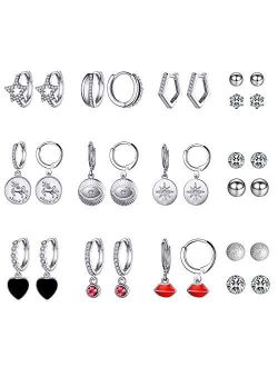 Aganippe 15 Pairs Gold/Silver Tone Plated Small Dangle Hoop Earrings with Charm for Women Girls Huggie Hoop Earrings and Cubic Zirconia/Round Ball Stud Earrings for teens