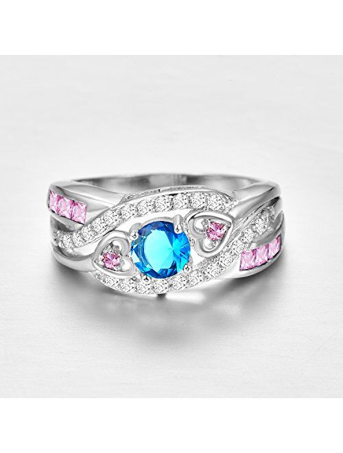 Veunora 925 Sterling Silver Created 5x5mm Blue and Pink Topaz Filled Twisted Ring Band for Women