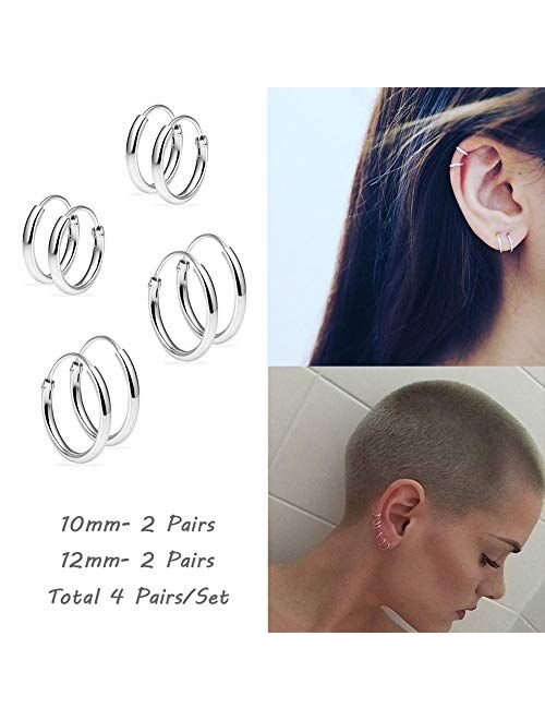 Silver Hoop Earrings- Cartilage Earring Small Hoop Earrings for Women Men Girls,4 Pairs of Hypoallergenic 925 Sterling Silver Tragus Earrings(8mm/10mm/12mm/14mm)