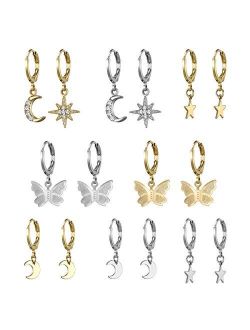 AIDSOTOU Small Butterfly Star Hoop Earrings Set for Women Girls Mini Huggie Hoop Earrings with Dangle Charms
