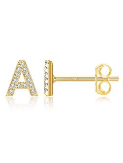 Initial Stud Earrings for Girls - 14K Rose Gold Plated S925 Sterling Silver Post CZ Alphabet Letter Stud Girls Earrings CZ Hypoallergenic Initial Studs Earrings for Women