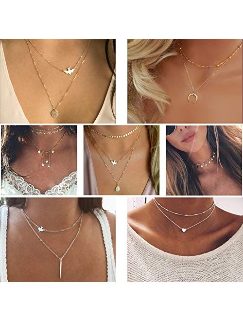 TAMHOO 20 PCS Multiple DIY Layered Choker Necklace for Women with Sexy Coin Moon Star Multilayer Choker Chain Y Necklaces Set Adjustable Gold Silver Bar Pendant Y Necklac