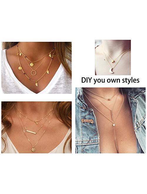 Ofeiyaa 12pcs Chain Gold Bead Necklace Coin Moon Star Pearl Pendant Chain Choker Multilayer Necklace Leather Cord Set for Women Men Adjustable Gold Tone 