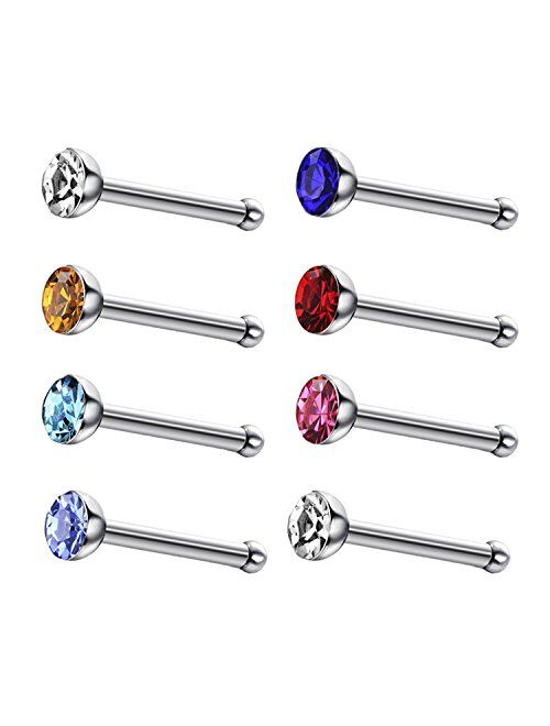 JewelrieShop 40pcs Nose Studs Stainless Steel CZ Nose Rings Stud Piercing Jewelry Bone Studs for Women Men Hypoallergenic 22G